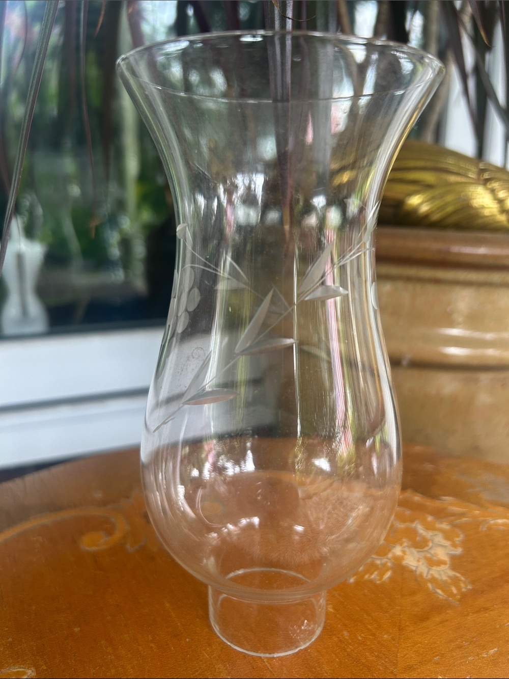 Vintage Clear Etched Glass Hurricane Vase with Grape Motif - - Picture 2 of 9